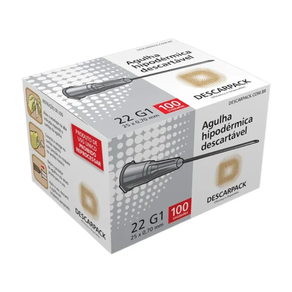 Agulha Hipodérmica Descartável 22G 25x0,70mm Caixa com 100unidades Descarpack
