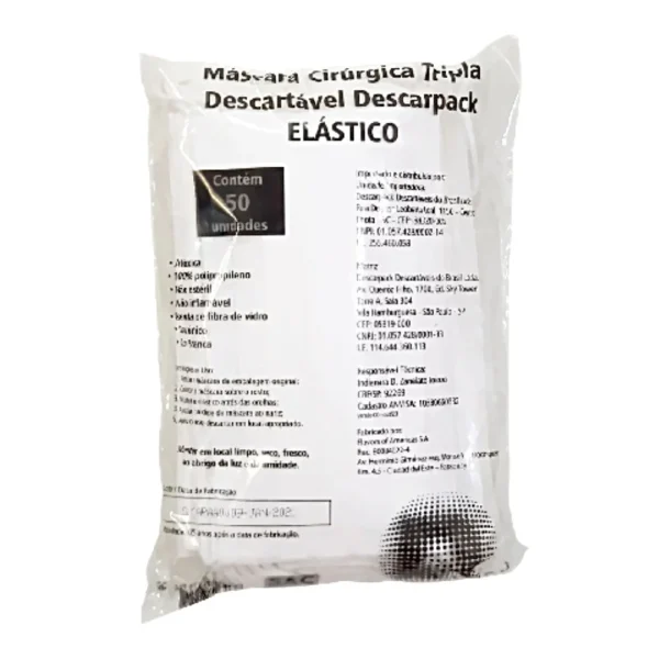 Máscara Cirúrgica Tripla com Elástico Pacote com 50 unidades Descarpack