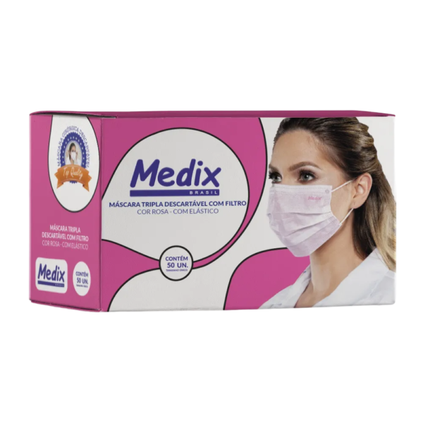 Máscara Tripla com Elástico Rosa Caixa com 50unidades Medix