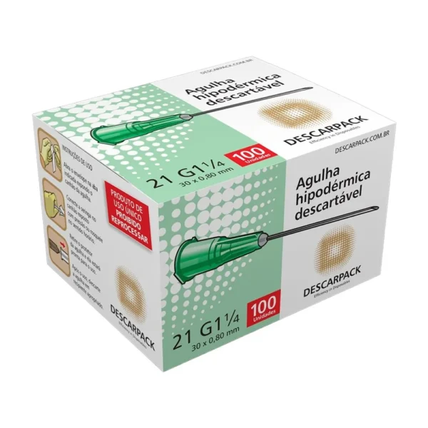 Agulha Hipodérmica 21G 30x0,80mm Caixa com 100unidades Descarpack
