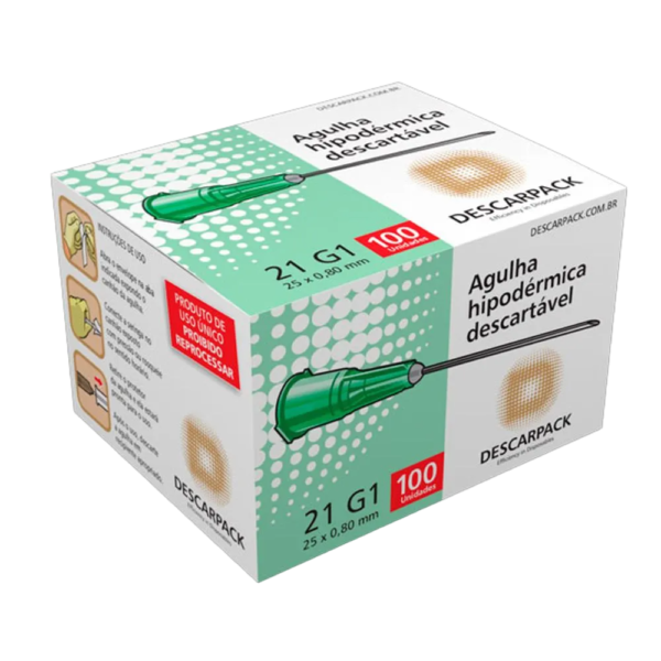 Agulha Hipodérmica Descartável 21G 25x0,80mm Caixa Com 100unidades Descarpack